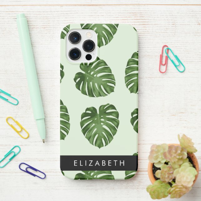 Palm Leaves, Tropical Pattern, Your Name iPhone Case (On Desk)