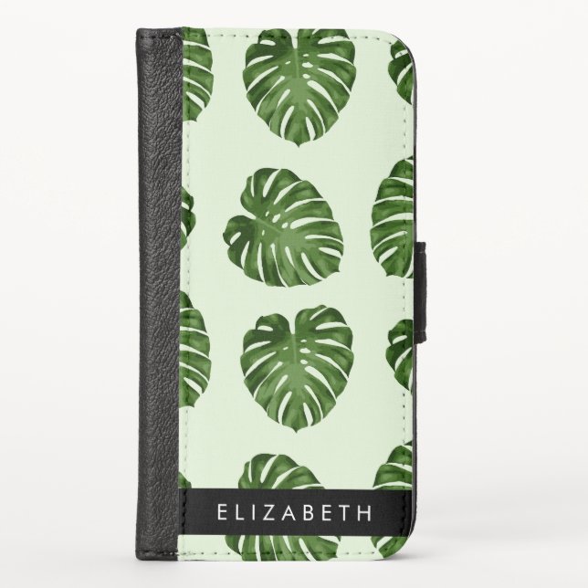 Palm Leaves, Tropical Pattern, Your Name iPhone Wallet Case (Front)