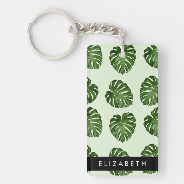 Palm Leaves, Tropical Pattern, Your Name Keychain (Front)