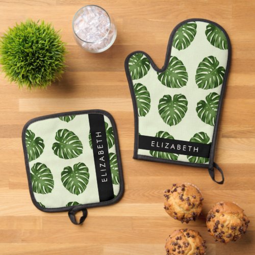 Palm Leaves Tropical Pattern Your Name Oven Mitt  Pot Holder Set