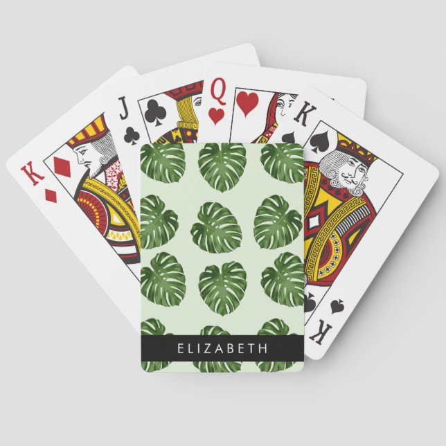 Palm Leaves, Tropical Pattern, Your Name Poker Cards (Back)