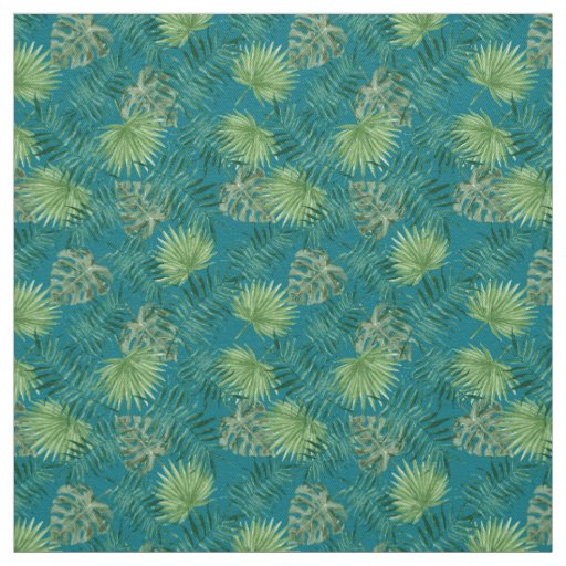 Palm Leaves Tropical Print Teal Fabric