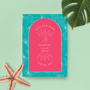 Palm Leaves Tropical Seashell Pink Blue Save The Date