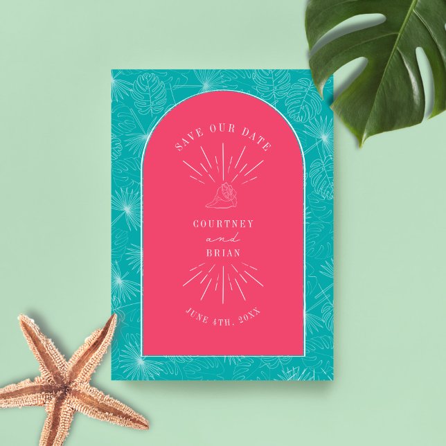 Palm Leaves Tropical Seashell Pink Blue Save The Date (Creator Uploaded)