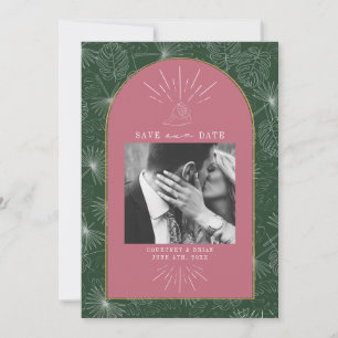 Palm Leaves Tropical Seashell Pink & Green Photo Save The Date