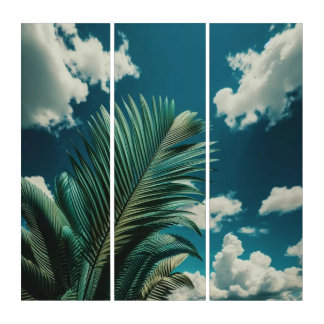 Palm leaves tropical sky triptych