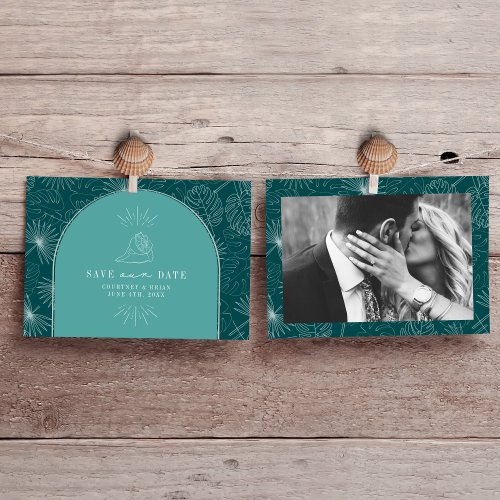 Palm Leaves Tropical Teal Seashell Photo Save The Date