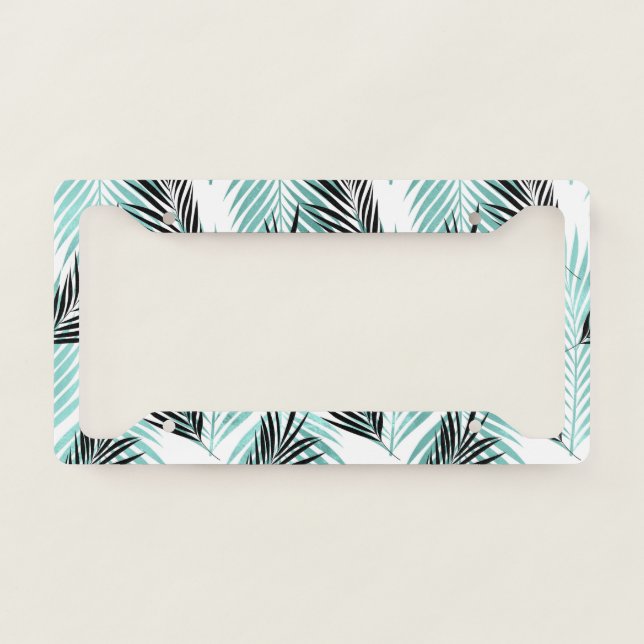 Palm Leaves Tropical Tree Bright Turquoise Black License Plate Frame (Front)