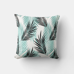 Palm Leaves Tropical Tree Bright Turquoise Black Throw Pillow