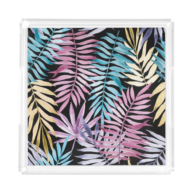 Palm leaves: watercolor dark pattern acrylic tray (Front)