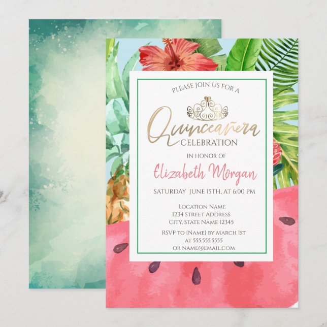 Palm Leaves,Watermelon,Pineapple Quinceañera Invitation (Front/Back)
