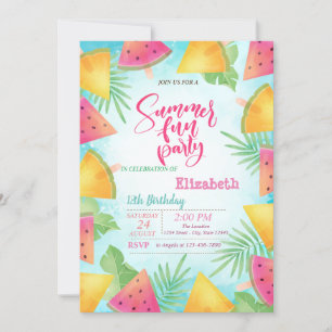 Palm Leaves Watermelon Summer Birthday Party Invitation