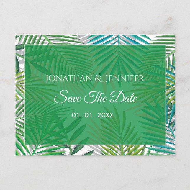 Palm Leaves Wedding Save the date Announcement Postcard (Front)