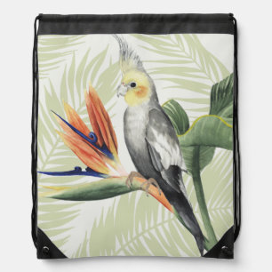 Palm Leaves With Black Bird Drawstring Bag