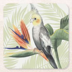 Palm Leaves With Black Bird Square Paper Coaster