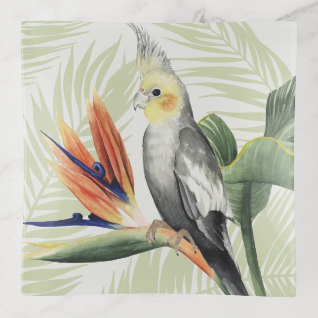 Palm Leaves With Black Bird Trinket Tray (Front)