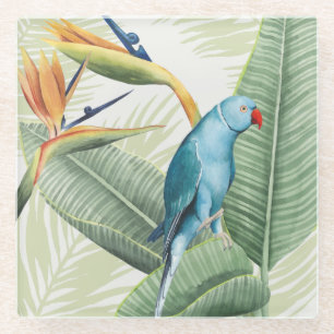 Palm Leaves With Blue Bird Glass Coaster