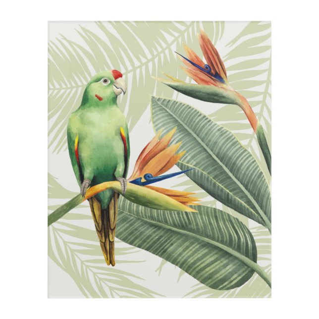 Palm Leaves With Green Bird Acrylic Print (Front)