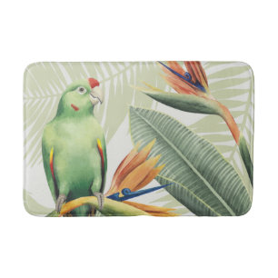 Palm Leaves With Green Bird Bathroom Mat