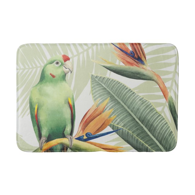 Palm Leaves With Green Bird Bathroom Mat (Front)