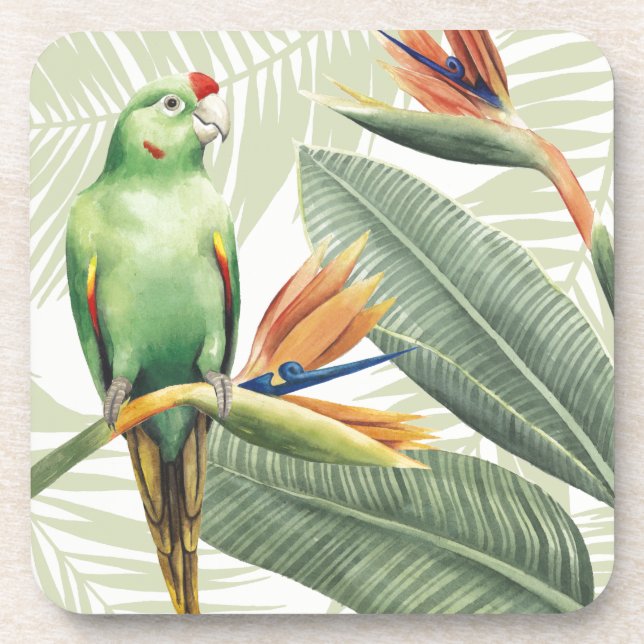 Palm Leaves With Green Bird Coaster (Front)
