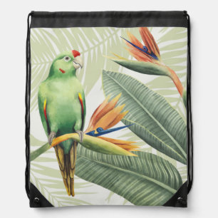 Palm Leaves With Green Bird Drawstring Bag