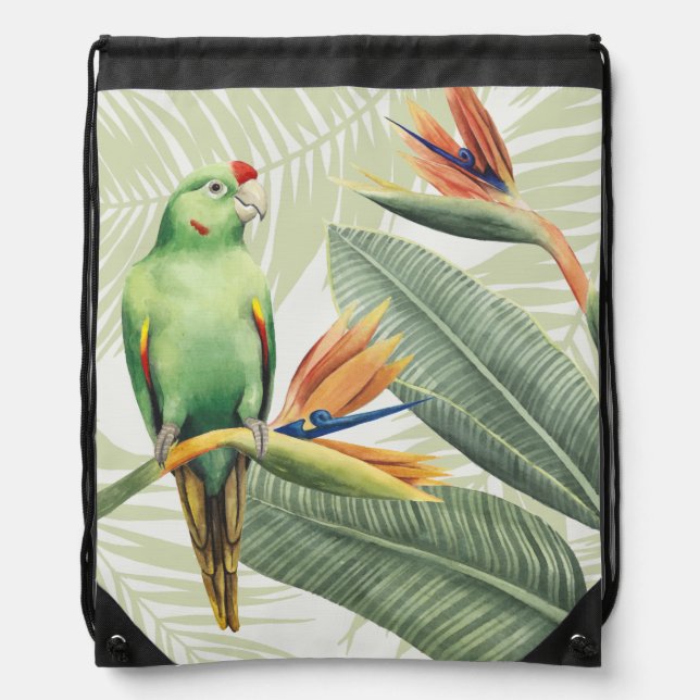 Palm Leaves With Green Bird Drawstring Bag (Front)