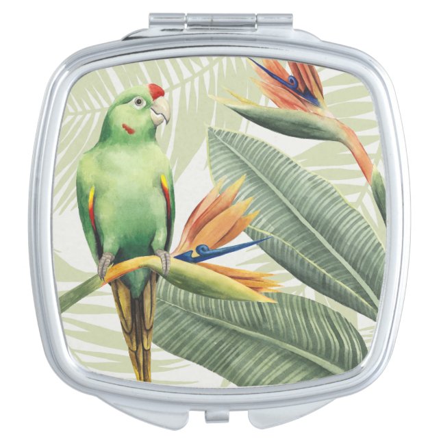 Palm Leaves With Green Bird Mirror For Makeup (Front)