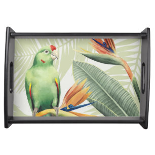 Palm Leaves With Green Bird Serving Tray