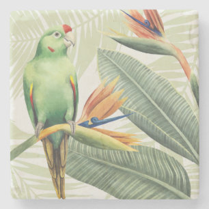 Palm Leaves With Green Bird Stone Coaster