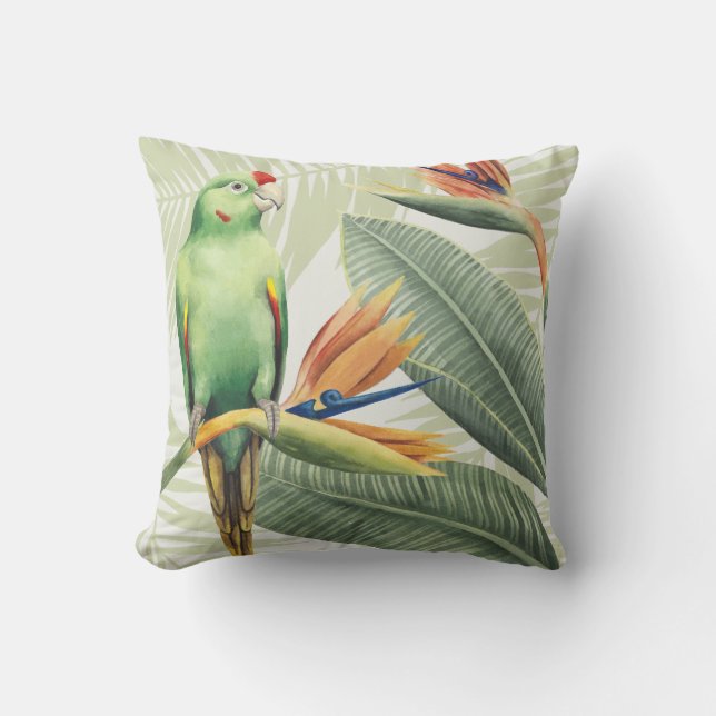 Palm Leaves With Green Bird Throw Pillow (Front)