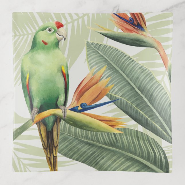 Palm Leaves With Green Bird Trinket Tray (Front)