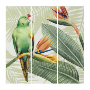 Palm Leaves With Green Bird Triptych