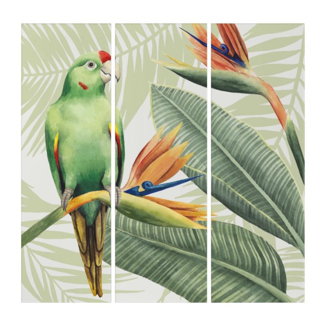 Palm Leaves With Green Bird Triptych (Front)