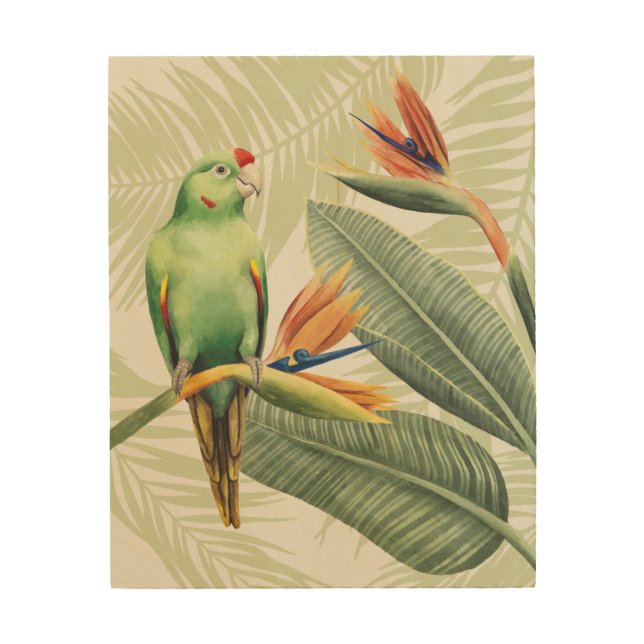 Palm Leaves With Green Bird Wood Wall Art (Front)