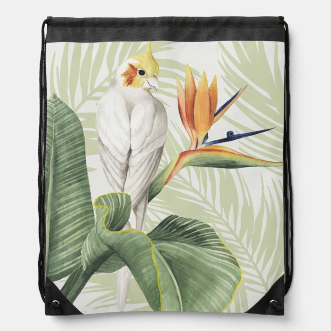 Palm Leaves With White Bird Drawstring Bag (Front)