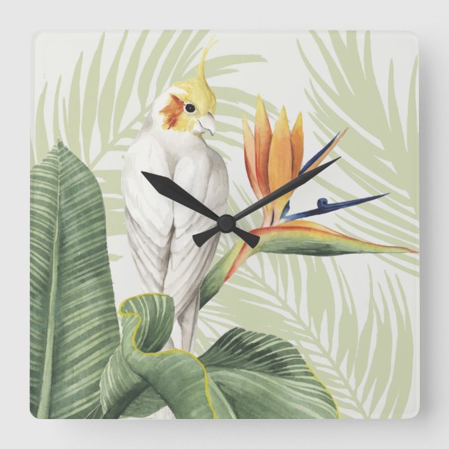 Palm Leaves With White Bird Square Wall Clock (Front)
