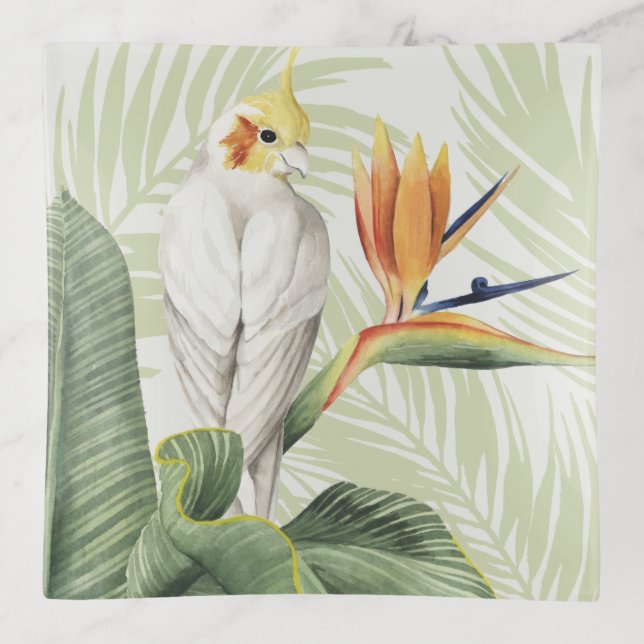 Palm Leaves With White Bird Trinket Tray (Front)