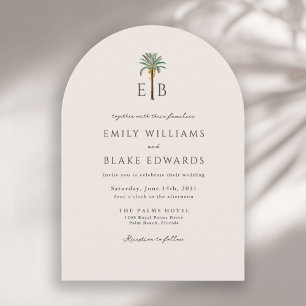 Palm Logo Elegant Arch Tropical Monogram Wedding Invitation