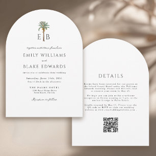 Palm Monogram Elegant Arch Tropical Wedding QRCode Invitation