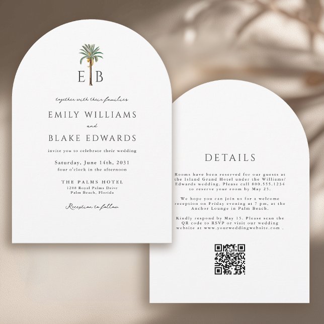 Palm Monogram Elegant Arch Tropical Wedding QRCode Invitation (Creator Uploaded)