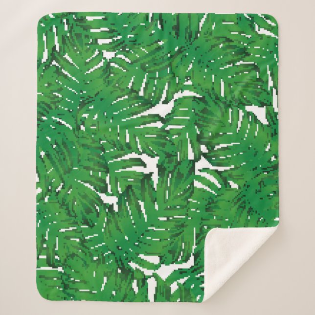 Palm Monstera Seamless Pattern. White Green Tropic Sherpa Blanket (Front)