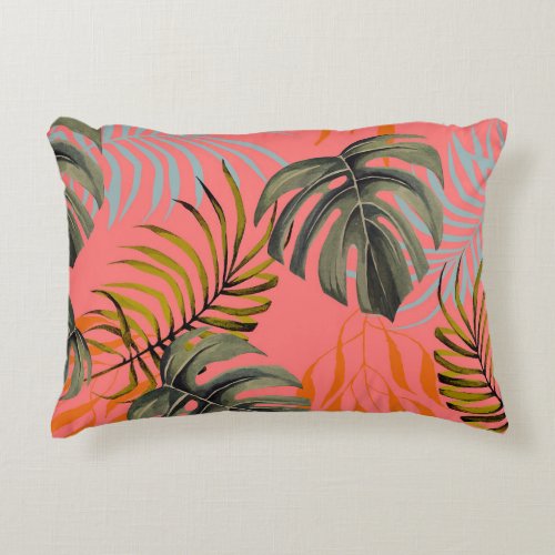 Palm Monstera Tropical Watercolor Pattern Accent Pillow