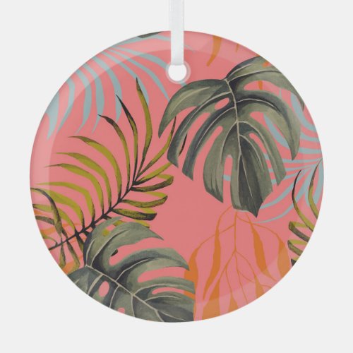 Palm Monstera Tropical Watercolor Pattern Glass Ornament