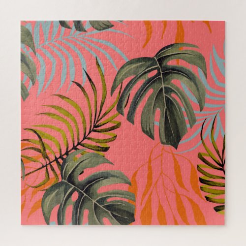 Palm Monstera Tropical Watercolor Pattern Jigsaw Puzzle