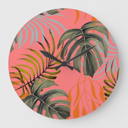 Palm Monstera Tropical Watercolor Pattern Large Clock