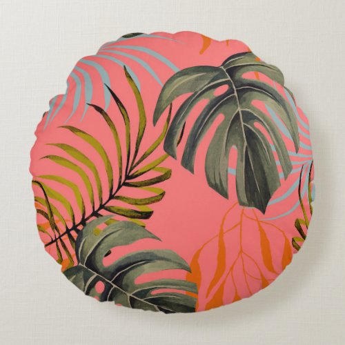 Palm Monstera Tropical Watercolor Pattern Round Pillow