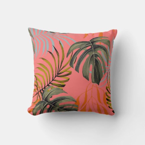 Palm Monstera Tropical Watercolor Pattern Throw Pillow