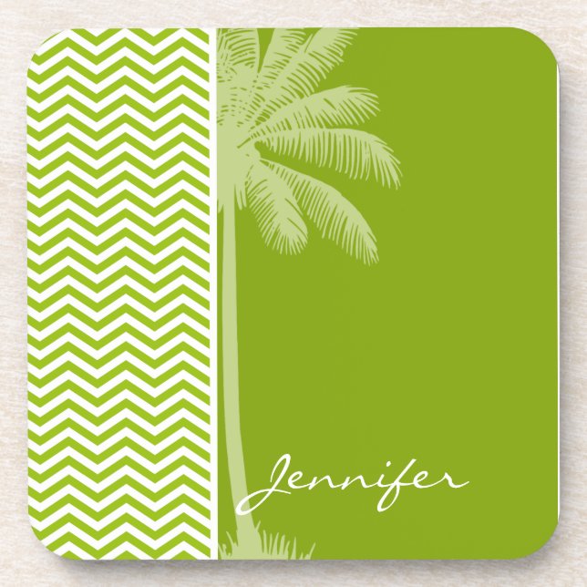 Palm on Retro Apple Green Chevron Stripes Beverage Coaster (Front)