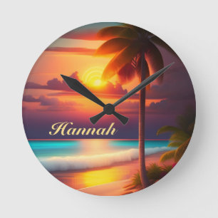 Palm on the beach at sunset round clock
